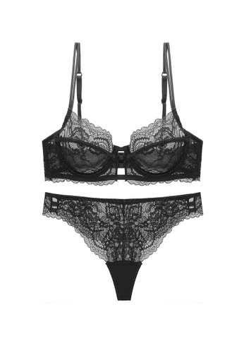 ZITIQUE black Women's Sexy See-through Steel Ring Ultra-thin Cup Lace Lingerie Set (Bra and Underwear) - Black FEABAUSA3E10E8GS_1