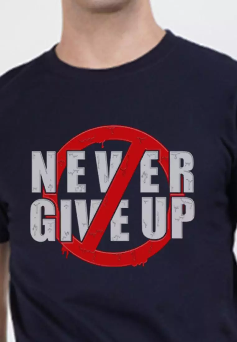 Never Give Up  Navy Blue Cotton Short Sleeve Regular Fit T-Shirt