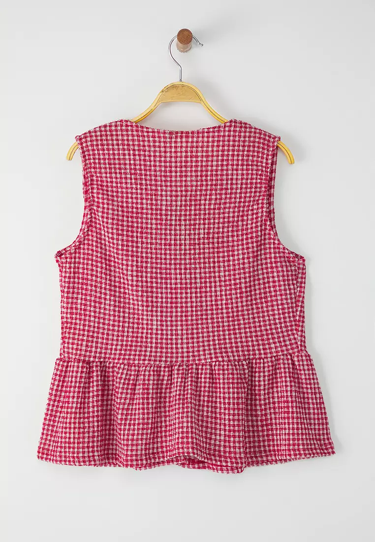 Red Gingham Patterned Tie Detail Sleeveless Stretch Knit Blouse TWOSS25BZ00410