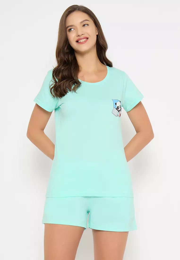 Clovia Cute Panda Print Top & Shorts in Light Blue - 100% Cotton