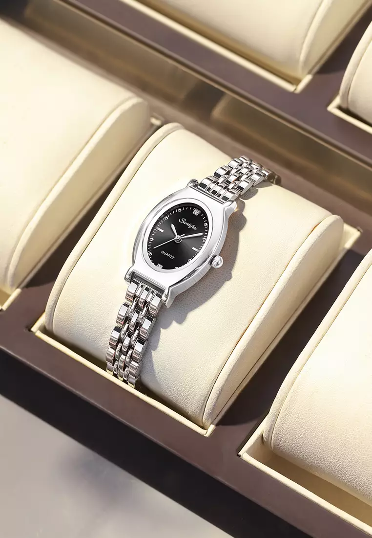 Jam Tangan Wanita Original Oval Korea Elegan Vintage Kuarsa Tali Alloy Jam Tangan CewekA008 silver black