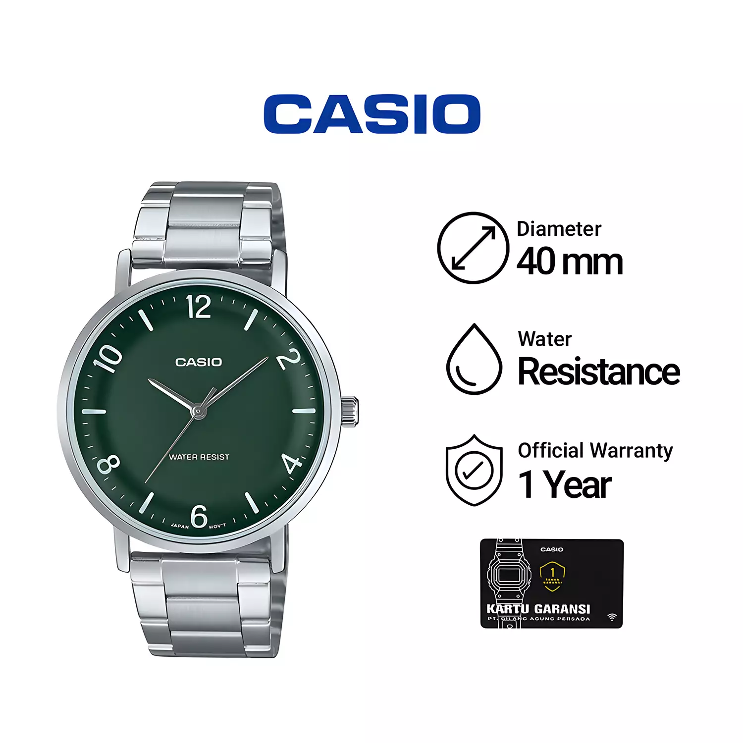 Casio Standard - Jam Tangan Analog Pria - Green Dial - All Silver Stainless Steel - MTP-VT03D-3B 
