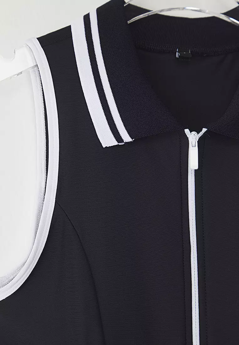 Navy Blue Micro Fabric Zipper and Piping Detail Tennis Knitted Sports Dress THMSS25EL00005