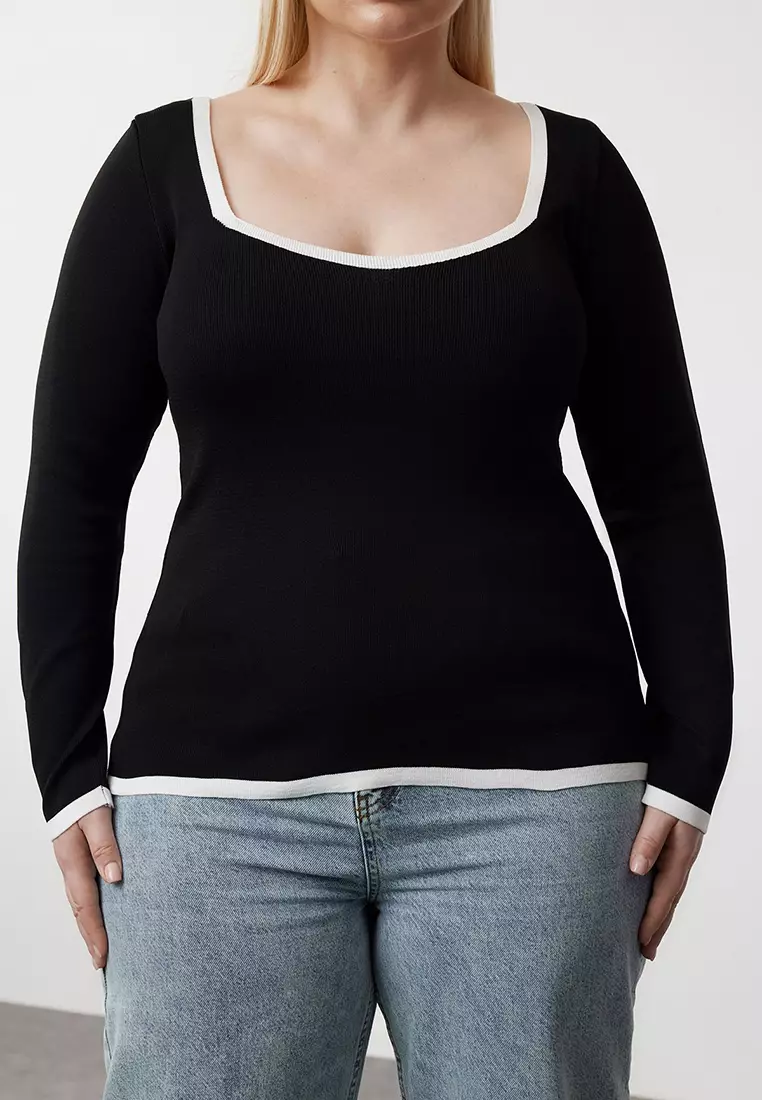 Black Square Neck Body-Hugging Thin Knitwear Sweater Tbbaw25An00049