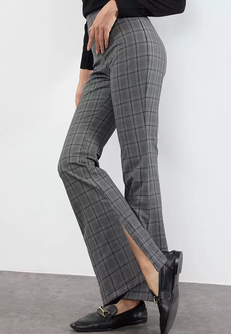 Grey Plaid Women's Dress Pants Lark Grey Black And White