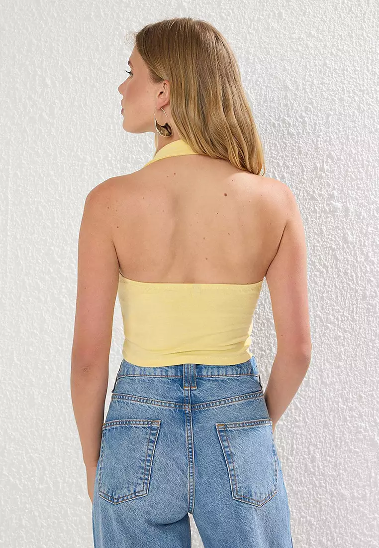 Light Yellow Halter Neck Belt Detail Fitted/Slim Fit Knitted Blouse