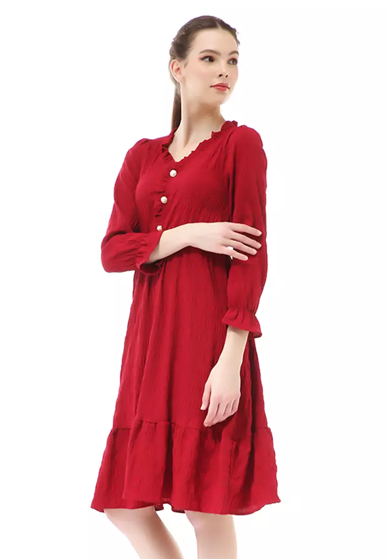 Rachel Dress Kasual Wanita Lengan Panjang Model Simple Material Chiffon ORIGINAL - Red