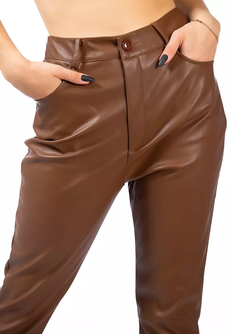 Chocolate Faux Leather Straight Fall Trousers