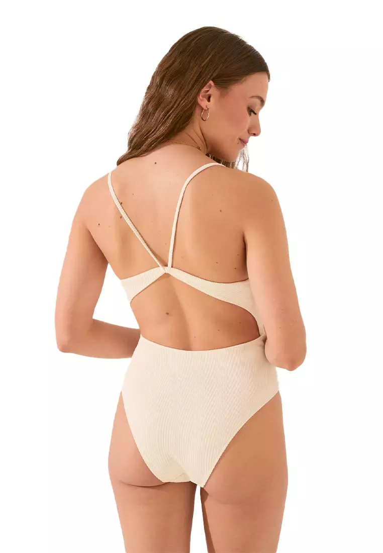Deep Neckline Ivory Ribbed Swimwear