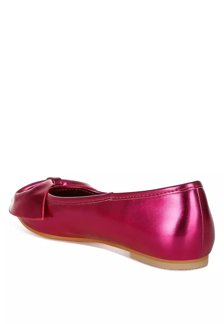 Metallic Pleather Bow Ballerinas in Fuchsia