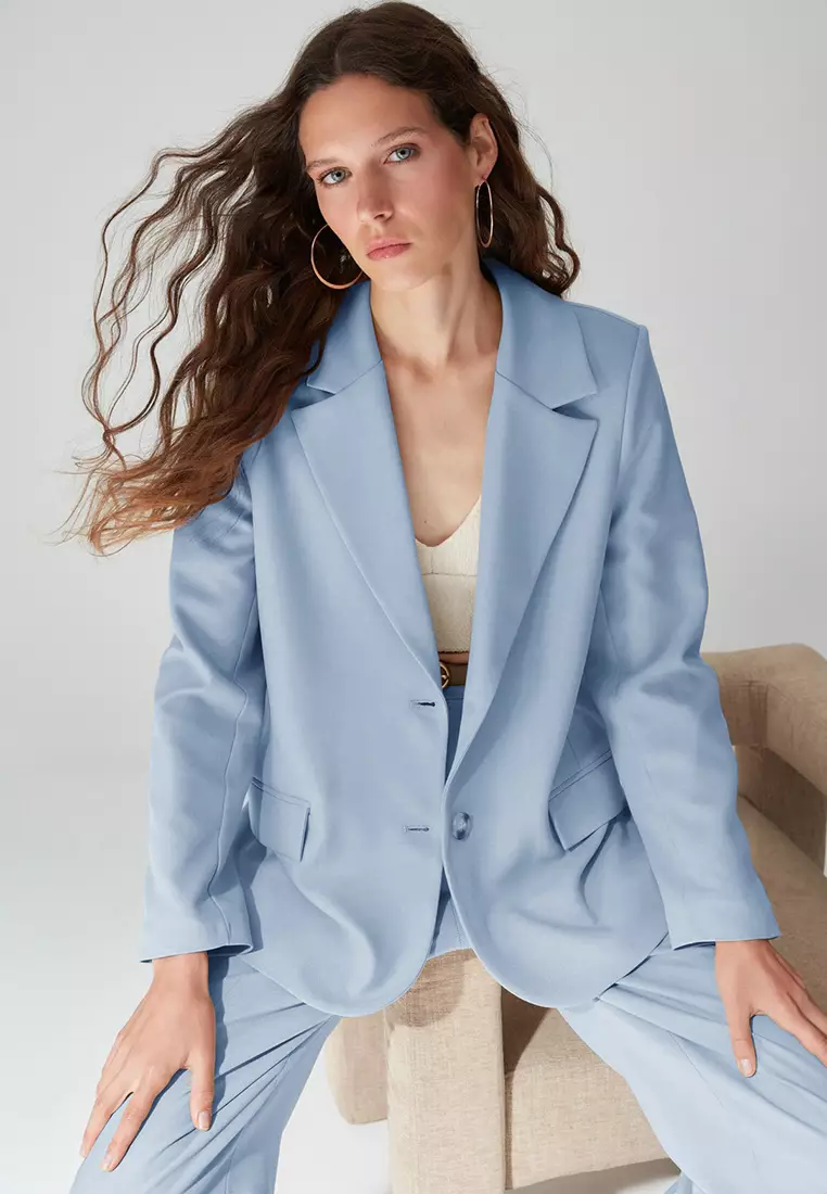 Light Blue Regular Lined Woven Blazer Jacket