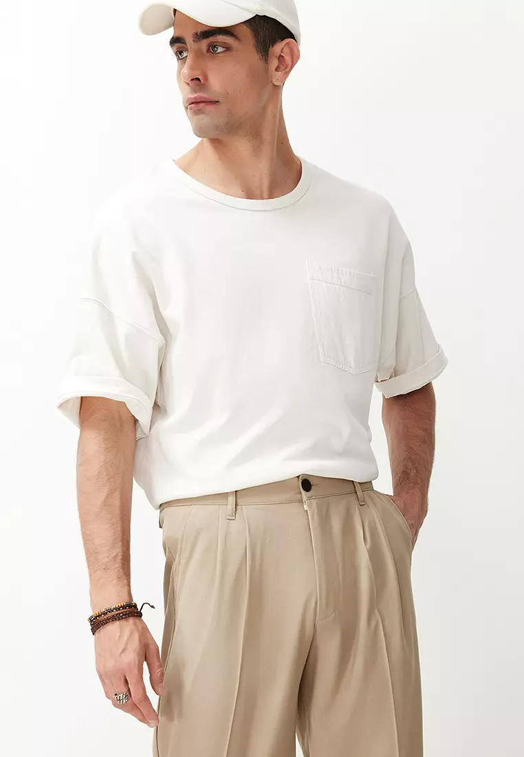 Beige Pleated Classic Baggy Fit Fabric Trousers TMNSS24PL00024
