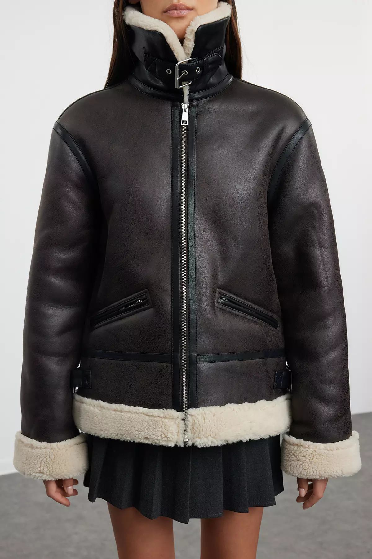 Dark Brown Regular Collar Belt Detailed Plush Faux Leather Biker Jacket Coat TWOAW25MO00000