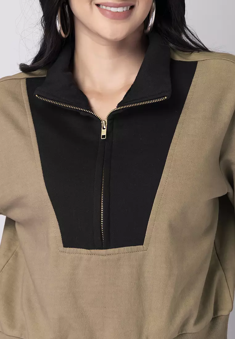 Beige Black Colorblock Sweatshirt and Joggers Set