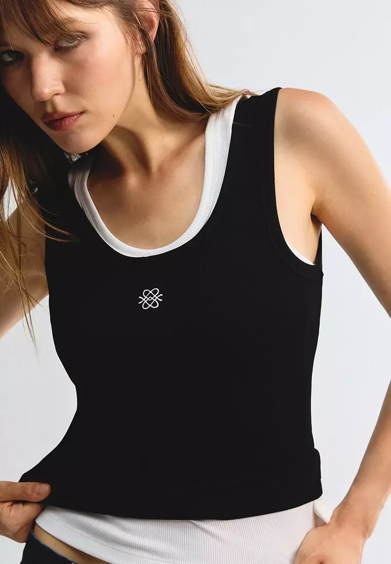 Ribbed Logo Tank Top - Black