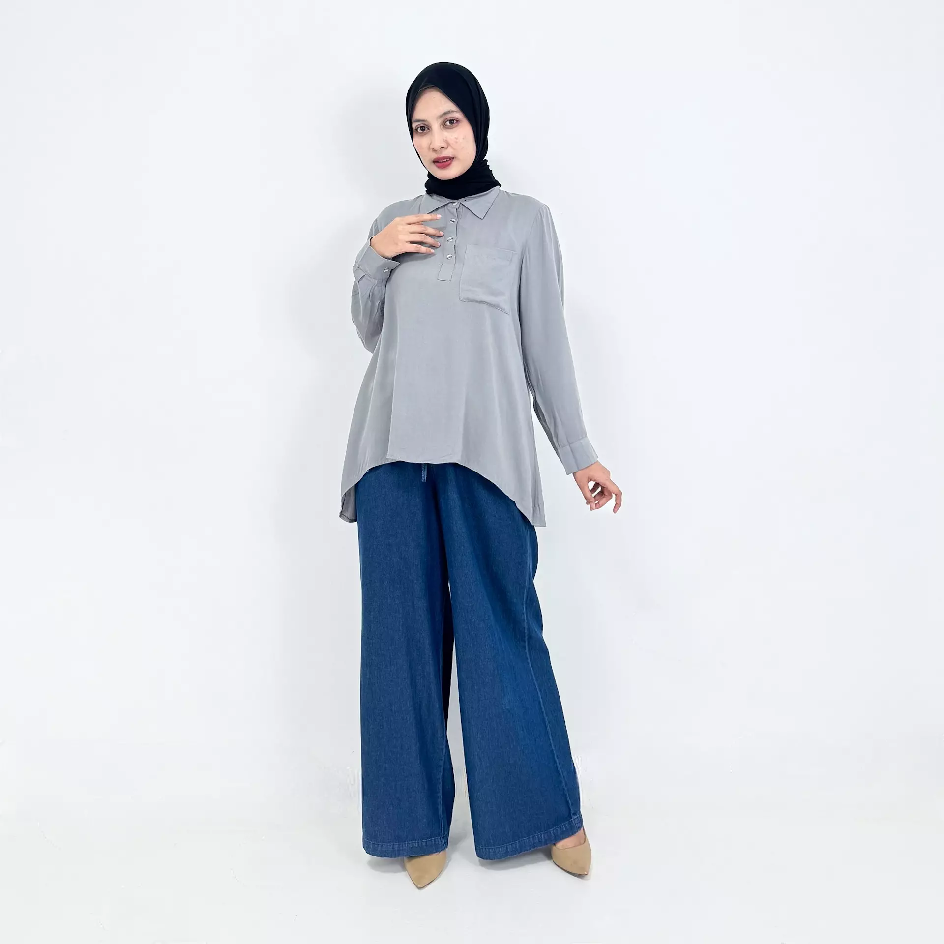 Cotton Blouse Elsa - Atasan Lengan Pangang Wanita Abu-Abu