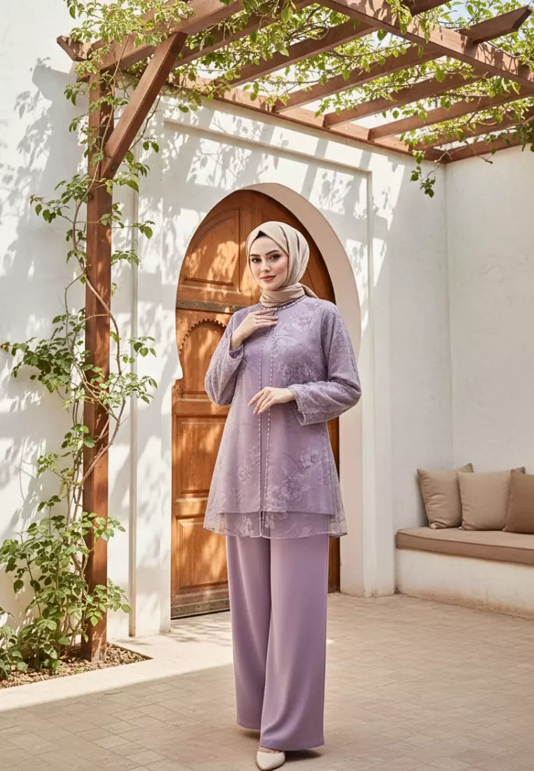 Setelan Wanita Muslimah Modern Bahan Organza Motif Bunga Premium Salem By Billiant girl Warna SALEM