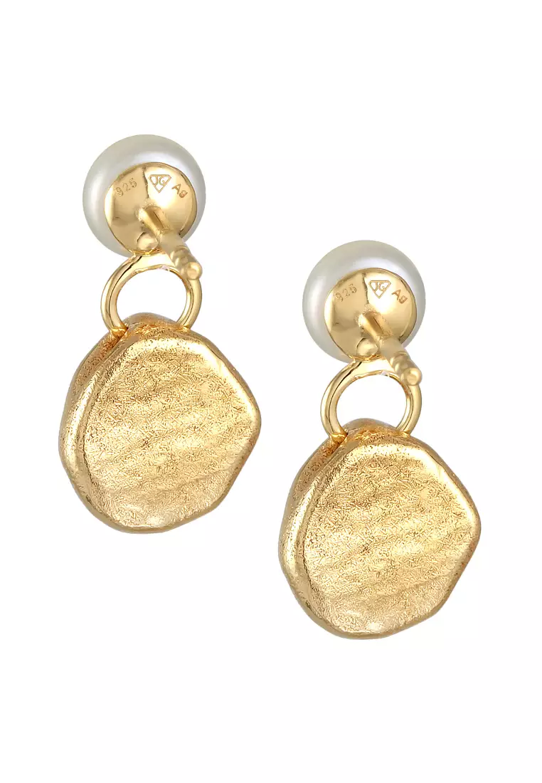 Anting Perhiasan Perak 925 Wanita Ear Hanger Organic Coin Freshwater Pearl Gold Plated