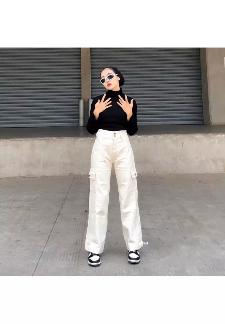 Highwaist Cargo Loose Jeans Khaki 403 HANDS UP