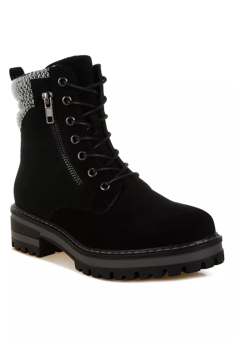 Knitted Collar Zip-Up Hiker Boots in Black