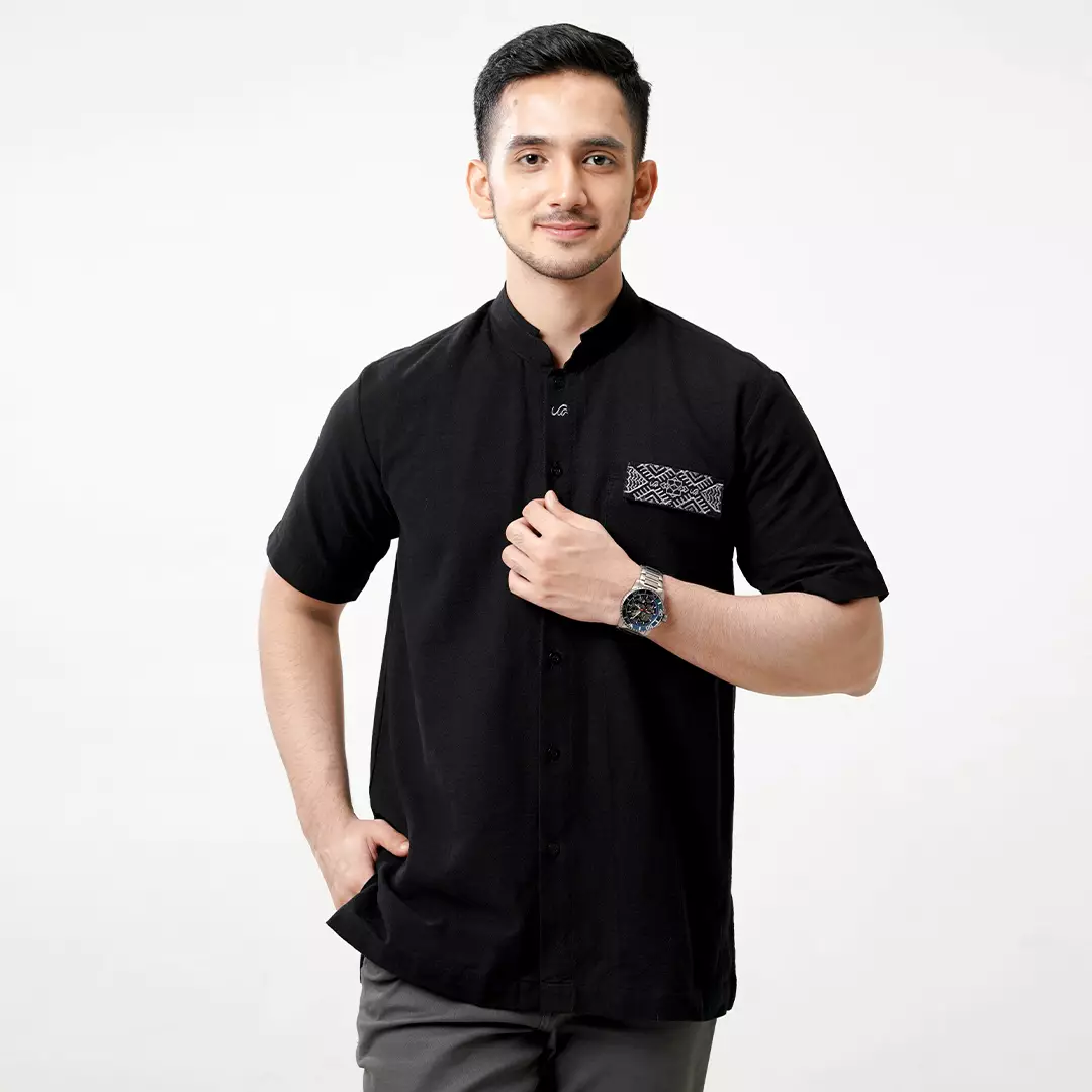 Rabbani - Kemeja Koko Muslim Pria Lengan Pendek Dewasa Kemko Madhava Exclusive - Hitam