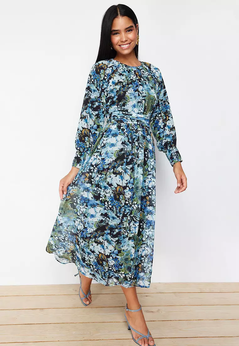 Black Blue Floral Sash Detailed Woven Dress TCTSS24EB00045