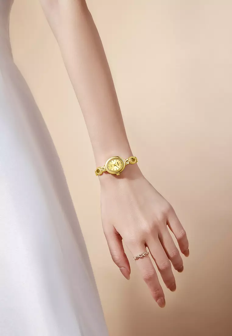 Jam Tangan Wanita Original Korea Style Kuasar Anti Air Tali Stainless Steel Jam Tangan Cewek B016 Gold