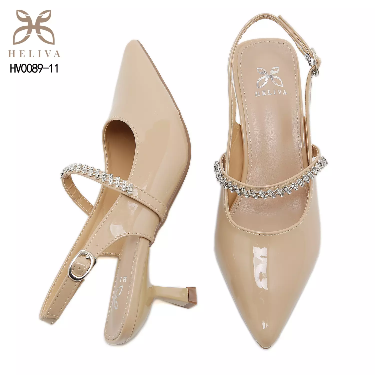 HELIVA AILEEN Glossy Slingback Heels with Crystal Sparkle 5.5cm