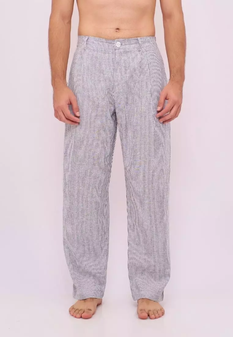 Jekyll Celana Panjang Linen Pria Putih Garis | Linen Loose Pants Men Striped White