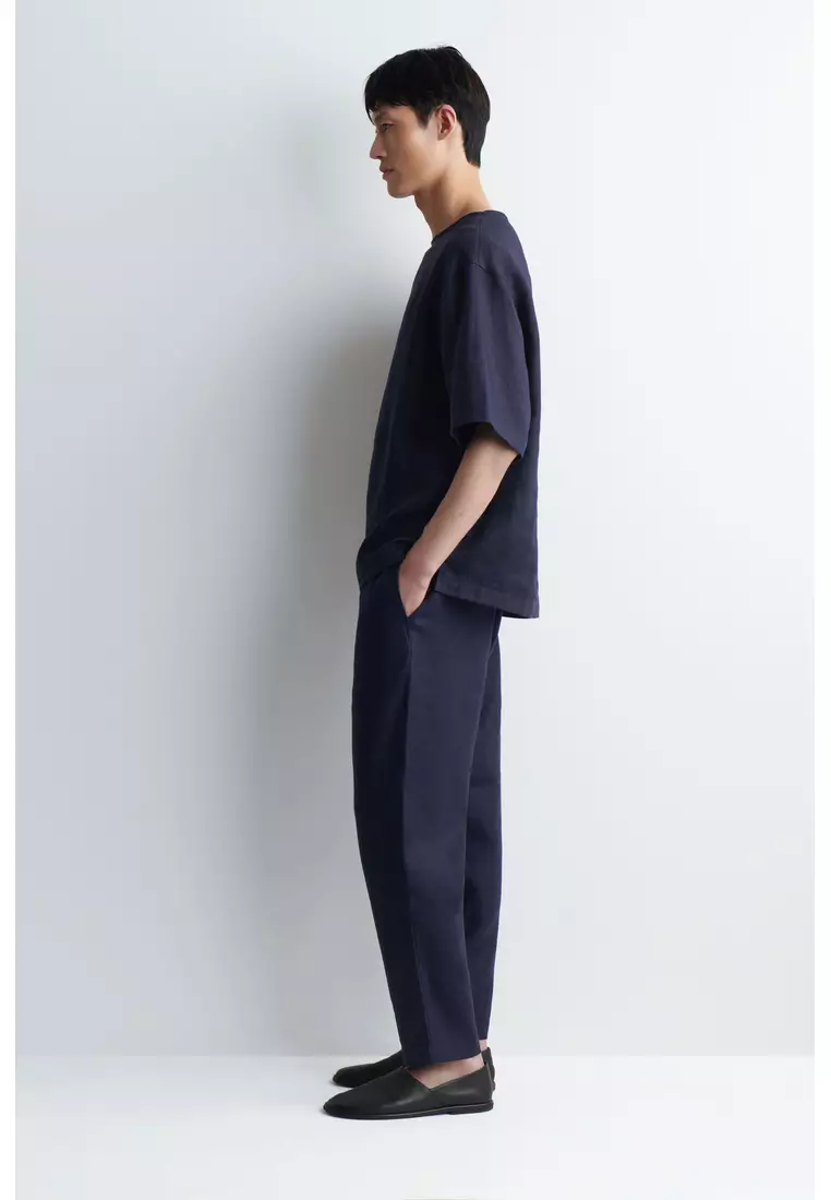 ELASTICATED LINEN REGULAR-FIT TAPERED TROUSERS