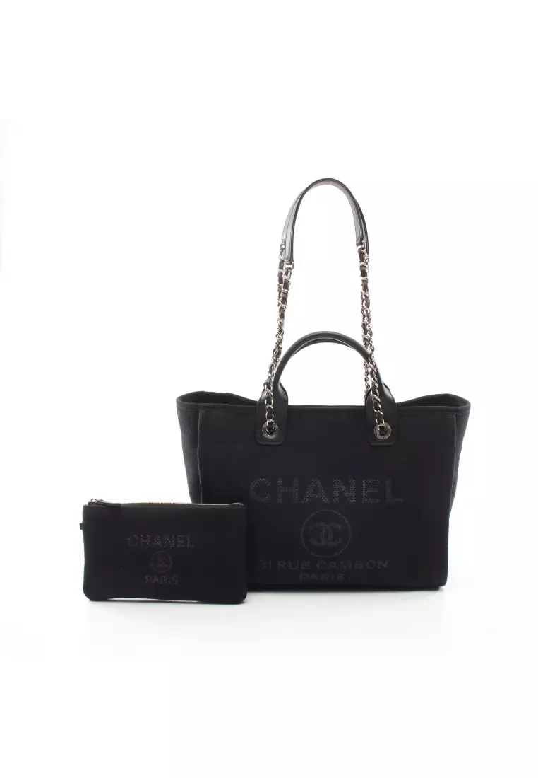 Chanel Black Canvas Deauville Tote Pale Gold Hardware, 2023