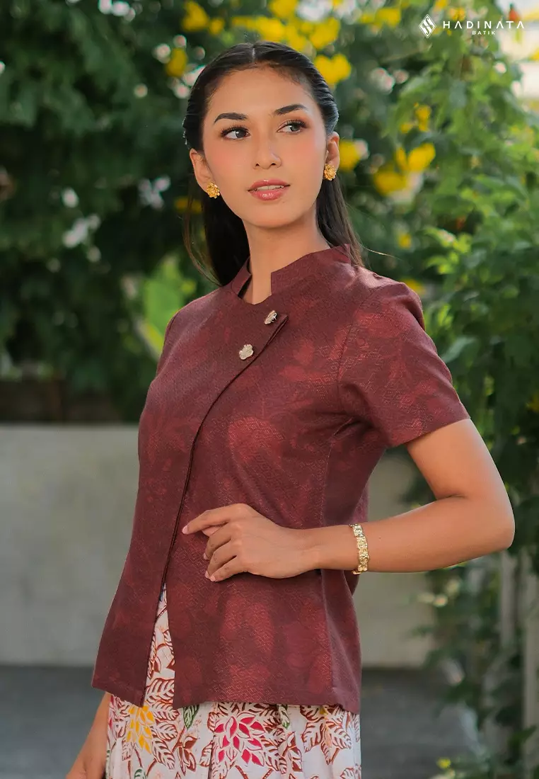 Hadinata Batik Wanita Premium Kebaya Dobby Lengan Pendek Lir Sasmita Maroon