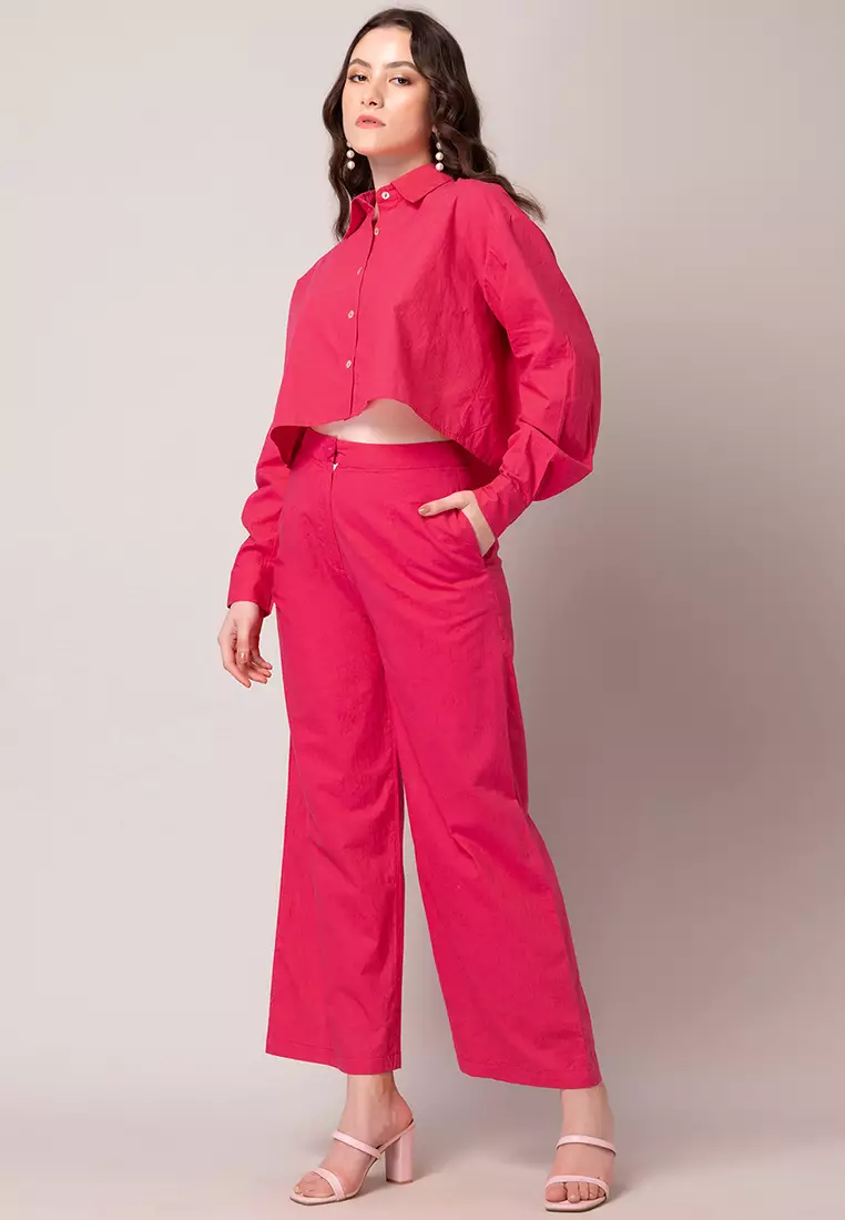 Hot Pink Buttoned Cotton Shirt And Pants Co-ord Set
