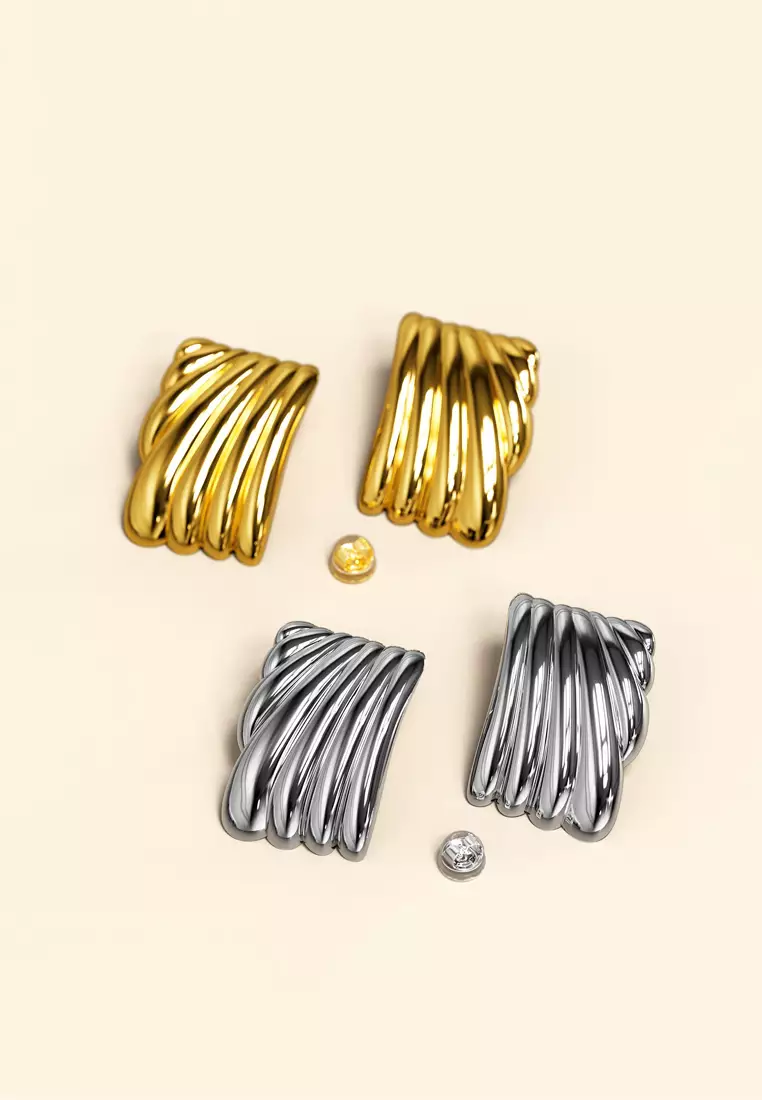 Pleated Angel White Gold layered Stud Earrings