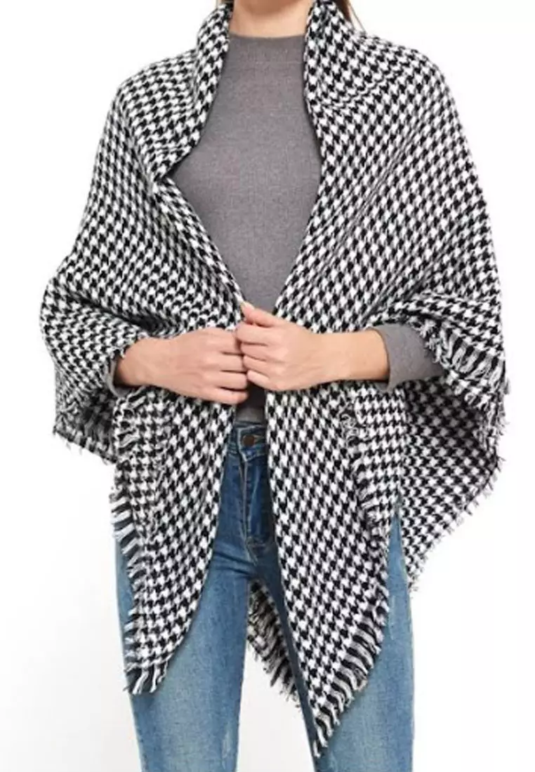 Houndstooth Cashmere Shawl Syal Wanita Black