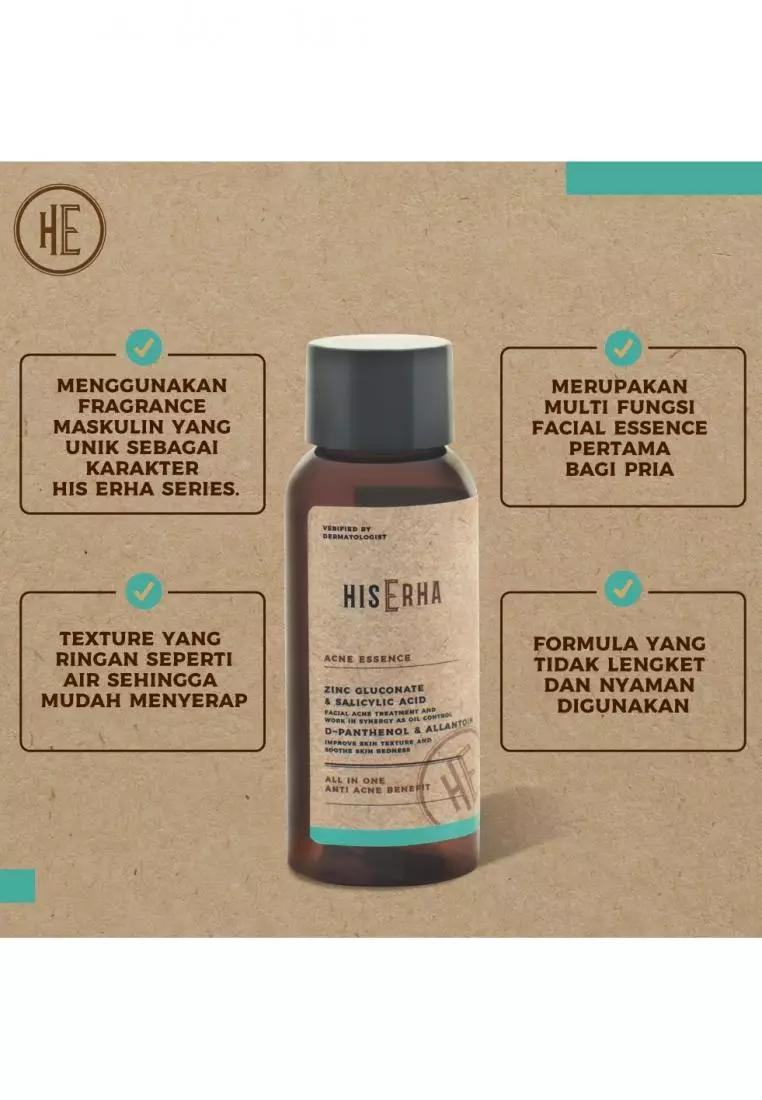 His Erha Gentle Acne Essence All In One With Zinc Gluconate, Salicylic Acid, D-Panthenol, & Allantoin - Serum Wajah Pria Berjerawat