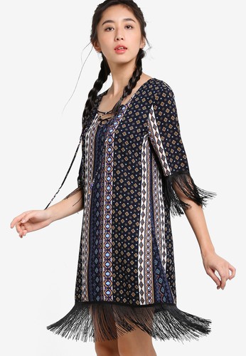 Printed Lace-Up Fringed Dress