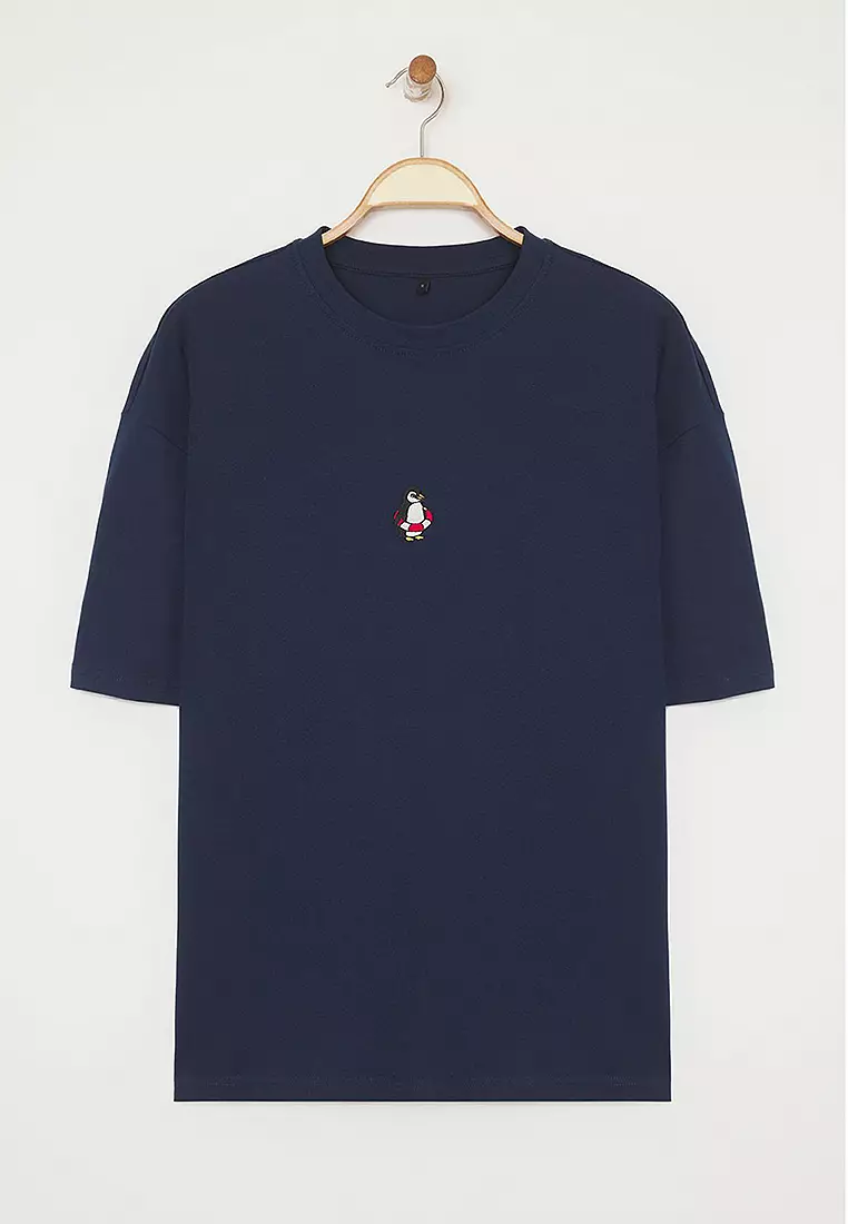 Navy Blue Oversize/Wide Cut Penguin Embroidered 100% Cotton T-Shirt