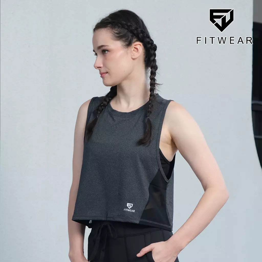 Fitwear Muscle Tee Olahraga Oversize Wanita ANGELINA MESH CROP - GRAY (SIDE)
