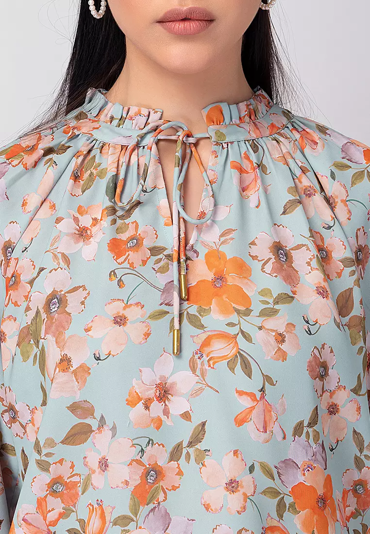 Blue Floral Raglan Sleeve Neck Tie Blouse