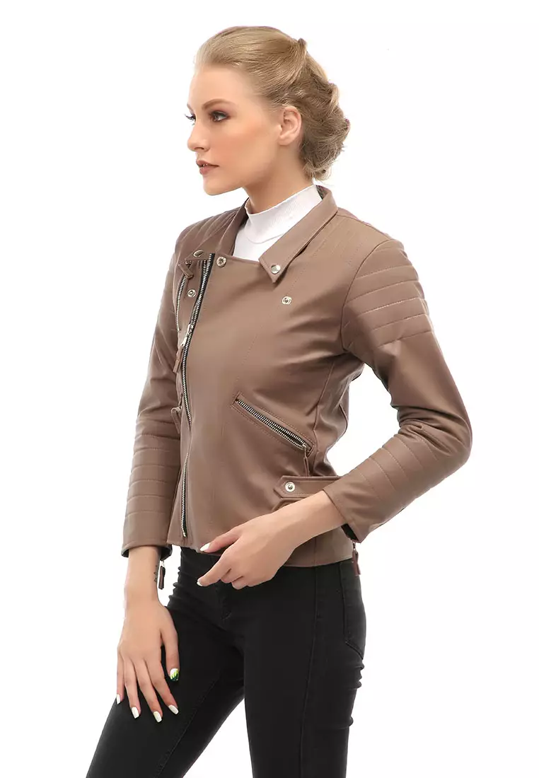 Glenice Jacket Outer Wanita Lengan Panjang Windproof Zipper Pocket Material Leather ORIGINAL - Mocca