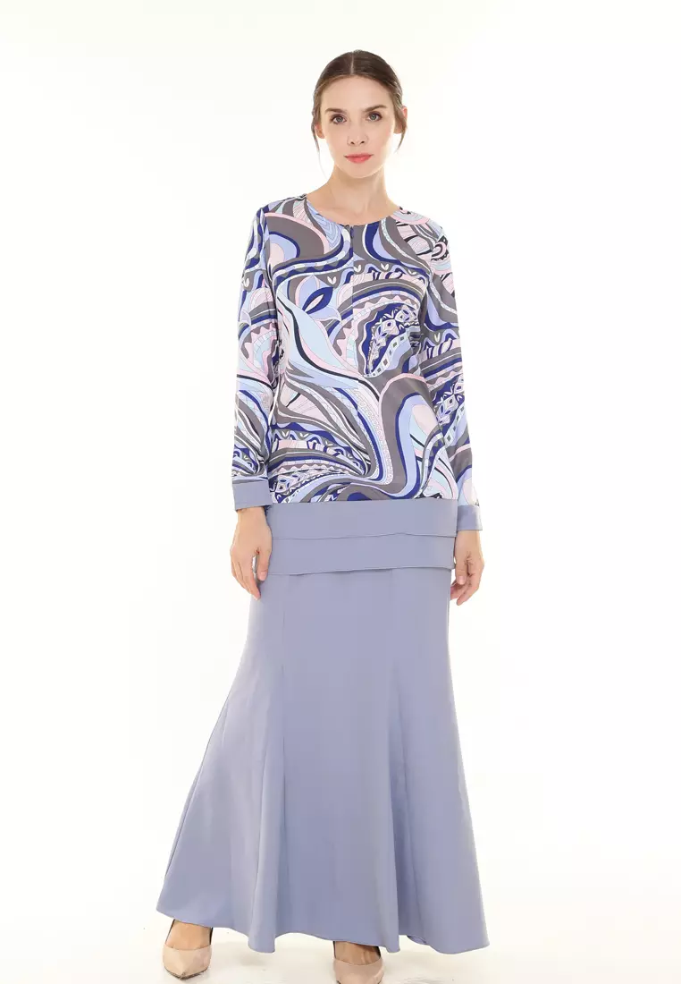 Ivy Kurung Modern layers Printed in Electric Blue Batik