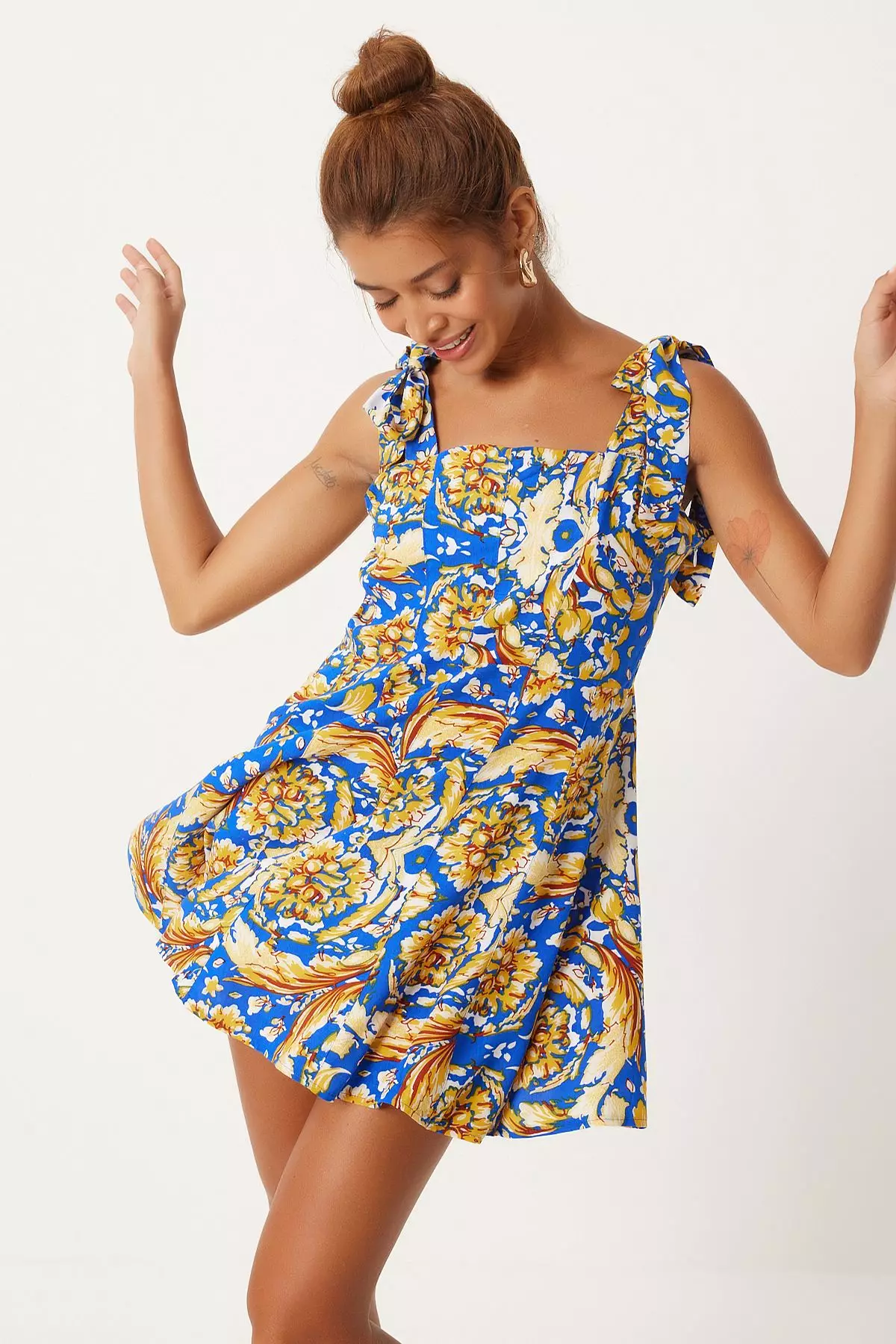 Blue Patterned Mini Hanging Regular Dress