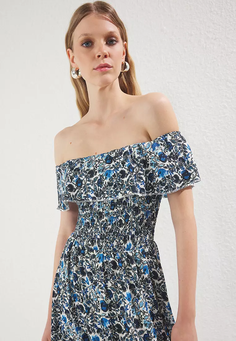 Blue Floral Carmen Collar A Line/Flare Cut Midi Knit Dress TWOSS25EL00544