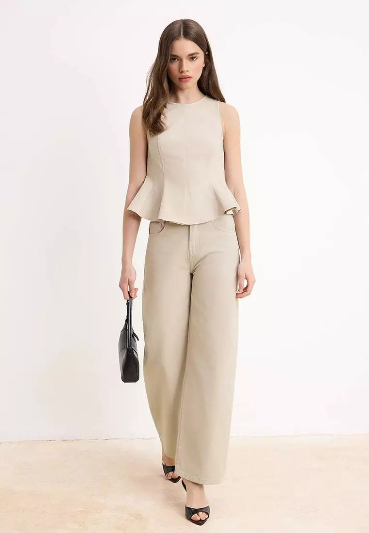 Beige Peplum Detailed Gabardine Woven Blouse Twoss26Bz449