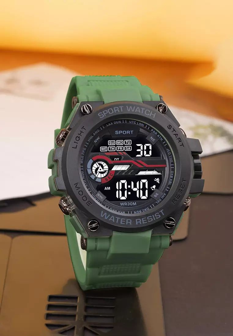 Jam Tangan Pria Analog&Digital Original Tali Silikon Anti Air Jam Tangan Cowok greenblack
