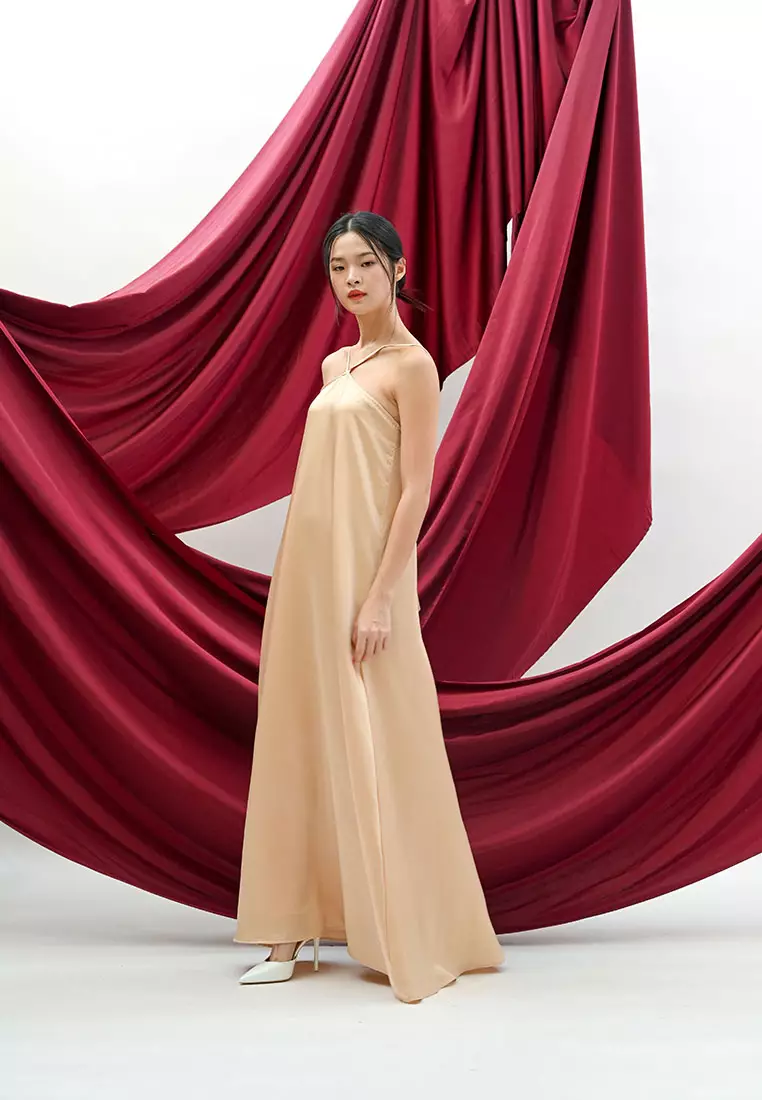 Halter Satin Maxi Dress in Gold