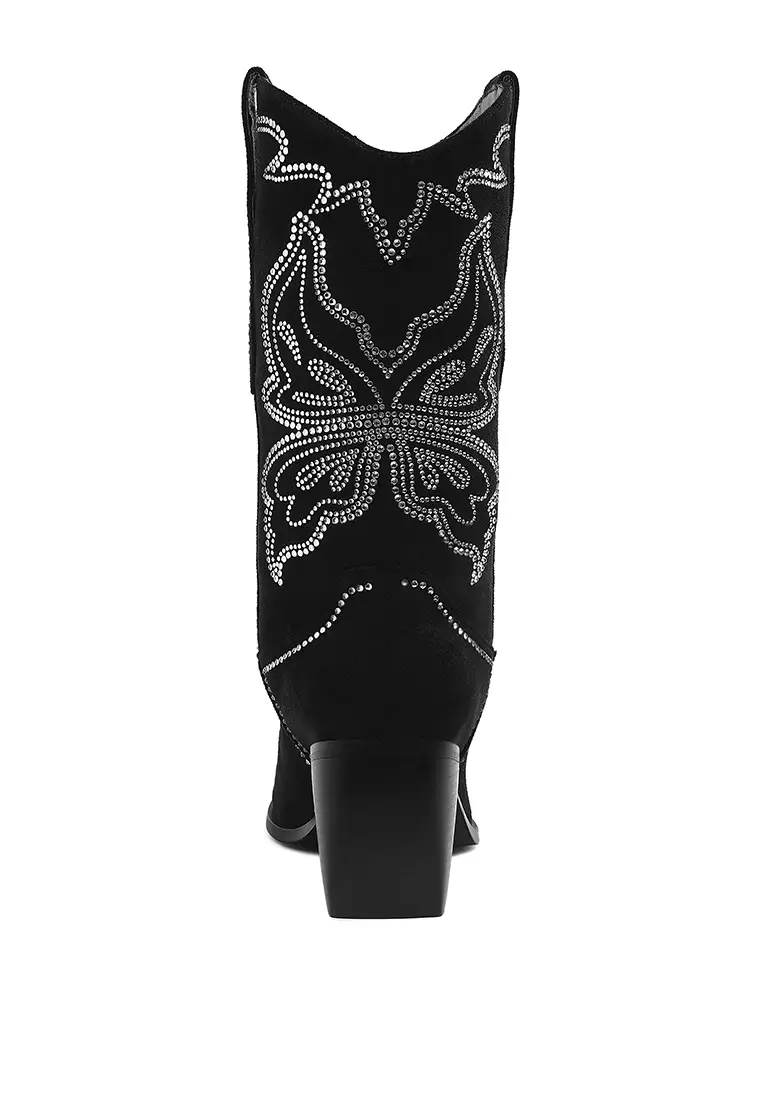 Rhinestones Embellished Cowboy Boots in Black