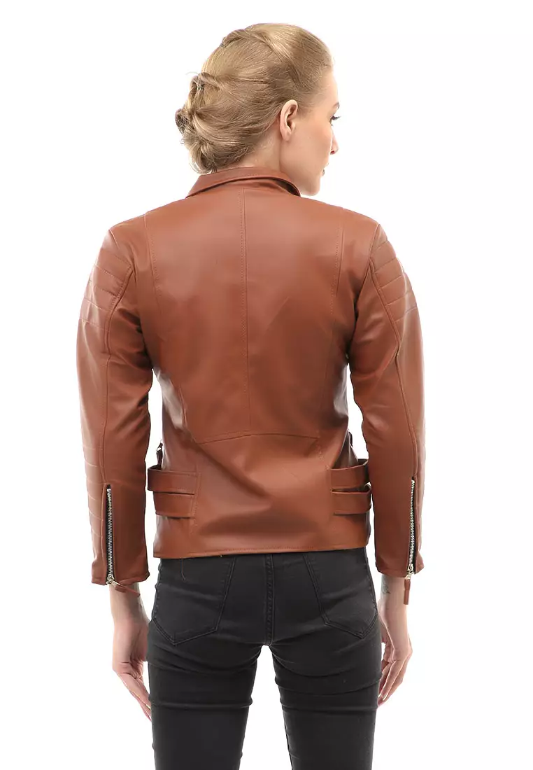 Glenice Jacket Outer Wanita Lengan Panjang Windproof Zipper Pocket Material Leather ORIGINAL - Brown