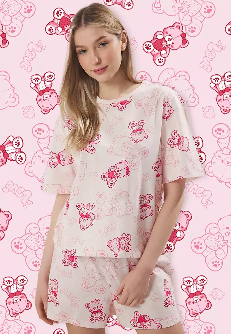 Pink 100% Cotton Teddy Bear Shorts Knitted Pajama Set THMSS25PT00367